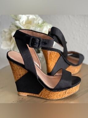 BCBG Generation Black Cork Wedge Sandals with Ankle Strap